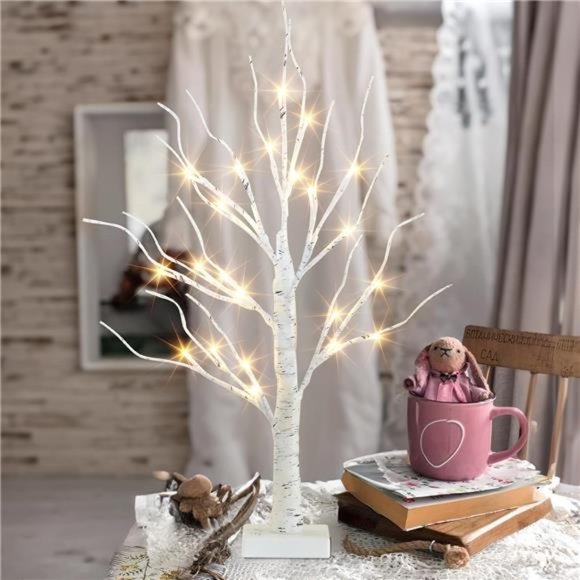 Tabletop Mini Birch Tree with Lights, 24 LED Lighted Money Tree White Twig Tree - Picture 3 of 7